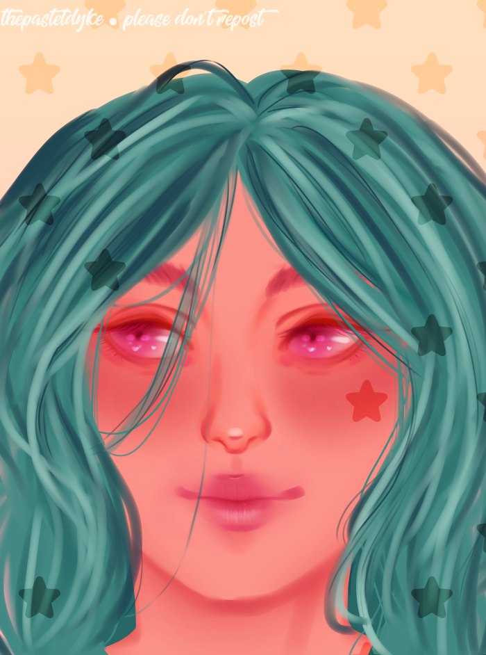 Character name: Ilmarinen. Ilmarinen has light skin, pink eyes and long turquoise hair split down the middle. It's a closeup of his head, and he's lightly smiling, looking to the side. There are stars overlayed around and on top of his hair, one star on his left cheek.